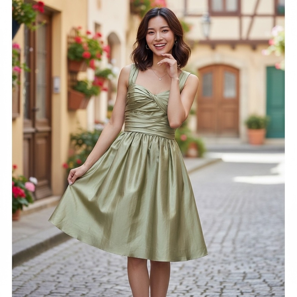 Monique Lhuillier Satin Pleated Sleeveless Halter Dress - Sage Green - Size 10